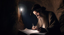 Biblical Illustration - An Older Man Perhaps A Scribe Or Prophet Writes While In A Cave - Generative AI Illustrations