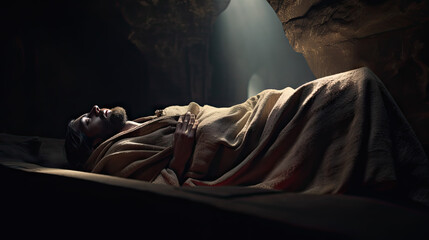 Biblical story man lays in a tomb made of stone - Generative AI Illustrations