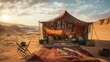 A traditional Bedouin tent with intricate tapestries and rugs, set against a stark desert landscape Generative AI