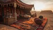 A traditional Bedouin tent with intricate tapestries and rugs, set against a stark desert landscape Generative AI