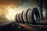 Fototapeta Mapy - Stack of five tires in a stack on a asphalt road. Sunny day. Generative AI