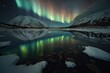 Magical lake with surrounding landscape, aurora borealis in the sky. Colorful northern lights. Generative AI