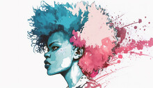 Black Woman With Blue And Pink Afro Isolated On White Background - Watercolor Style Illustration Background By Generative Ai
