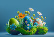Easter eggs with flowers on green moss grass, blue background, generative ai