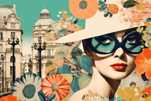 Beautiful Fashion Woman With Sunglasses And Colorful Flowers. 60s Retro Collage. Generative AI