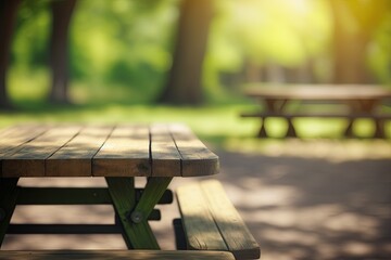 Wall Mural - Empty Display Picnic Table with Park in the Background (Generative AI)