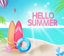 Wall Mural - hello summer vector design. hello summer greeting text in relaxing beach background. vector illustra