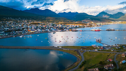 Wall Mural - Ushuaia City Argentina Aerial View Patagonian Mountains Seascape, Town in Dreamy Picturesque Atmosphere, South American Travel Destination