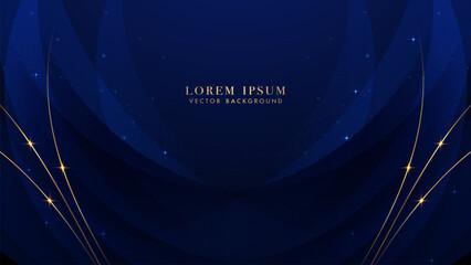 Blue luxury background with golden line, blue curve, shiny dots and glitter light effect. Elegant style vector design