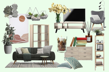 Wall Mural - Living room interior design. Collage with different combinable furniture and decorative elements on pale light green background