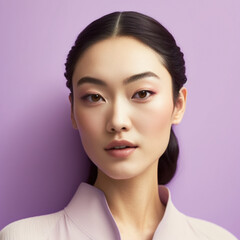 Wall Mural - Beautiful asian model with luminous skin on colored background created with ai generative tools.