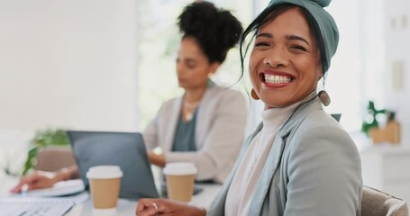 Wall Mural - Face, leadership and woman in meeting in office ready for tasks, goals or targets. Ceo, boss and happy female entrepreneur with vision, mission and success mindset sitting with coworker in workplace.