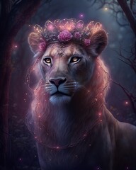 lioness wearing a pink glowing crown, lion in the night, fantasy lioness, princess lion, princess lioness, ai artwork