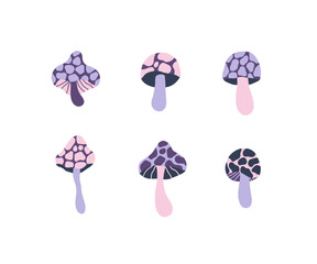 Wall Mural - Fairy mushrooms vector illustration set. Whimsical cartoon fungi fly agaric, amanita, toadstool. Hand drawn magical clipart isolated on white background. Fantasy forest, toxic psychedelic plant.