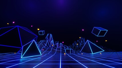 Wall Mural - 3d technology abstract neon light background, empty space scene, spotlight, dark night, virtual reality, cyber futuristic sci-fi background, street floor studio for mock up. colored geometric.