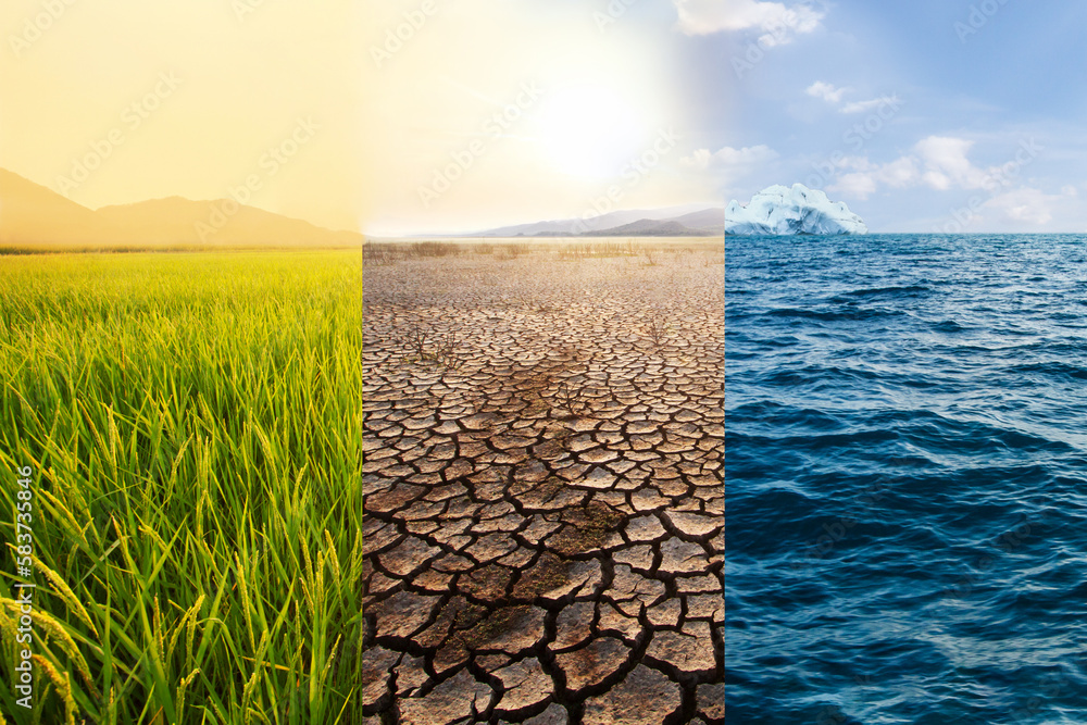 Agriculture fields and Dry lake and Ocean at north pole metaphor temperature increase and Climate change.