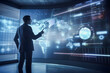 © aprilian - Revolutionizing Business and Marketing with Futuristic Digital Screens: Businessman Analyzes Business Data and Makes Presentation to Audience