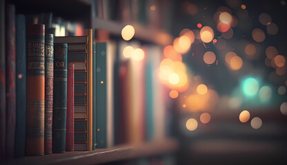 books stacked on a library shelf bokeh lights, generative ai