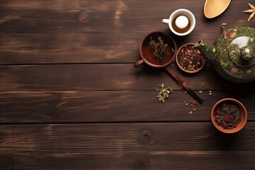 cup of tea with teapot, organic green tea leaves and dried herbs on wooden table top view with copy 