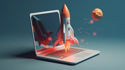 Wall Mural - rocket flying out of laptop screen. startup concept. generative ai