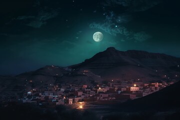 moonlight over a village in the mountains at night with starry sky, generative ai