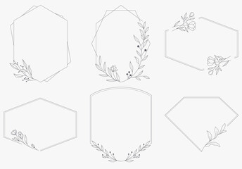 Floral and polygon hand drawn style. Floral black and white frame of twigs leaves and flowers. Frames for the Valentine’s Day, wedding decor, logo and identity template.