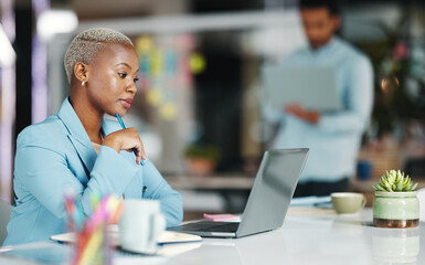 thinking, office laptop focus and black woman, creative agent or serious person work on brand advert
