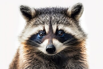 portrait of a cute funny raccoon, closeup, isolated on a white background