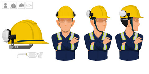 worker with helmet and earmuffs no use on white background