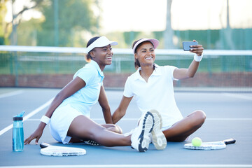 Poster - Tennis, selfie and happy black women on court after match, game or competition. Teamwork, sunset smile and girls, friends or athletes taking photo for sports memory, social media or profile picture.