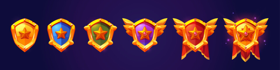 Wall Mural - Gold ranking achievement badges for game. Award icons of golden shields with star, wings and red pennant, vector cartoon illustration. Rating trophy, reward interface set