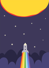 Wall Mural - rocket flying to the sun. space poster in minimalist cartoon style.