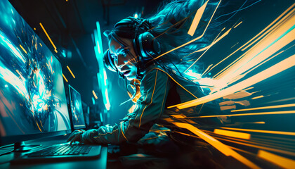  E-sport gaming player teams with illustration art and speed light stlye.competition and strategy for success.stream technology.ai generated images