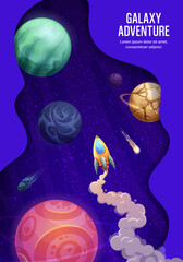 Wall Mural - space landing page, paper cut galaxy landscape and space rocket, vector website template. galaxy adv