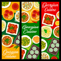 Sticker - Georgian cuisine food banners. Vector baked green beans, flatbread and beef tongue salad, tomato sauce Satsebeli, stuffed tomatoes and cabbage salad, beef with Tkemali sauce, cheese mint balls