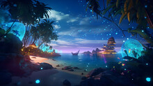 Scene With A Wonderful Tropical Beach With Full Of Bioluminescent Trees And And Big Bioluminescent Tikis, In The Middle Of A Highly Futuristic Island, With Holograms Around In The Futuristic Trees