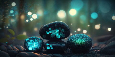 Wall Mural - Ultimate healing power, black glowing healing stones in beautiful nature scene, teal blur background, bokeh, peaceful and calm.