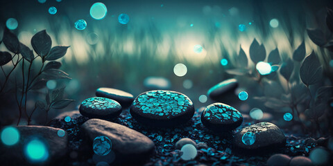 Wall Mural - Ultimate healing power, black glowing healing stones in beautiful nature scene, teal blur background, bokeh, peaceful and calm.