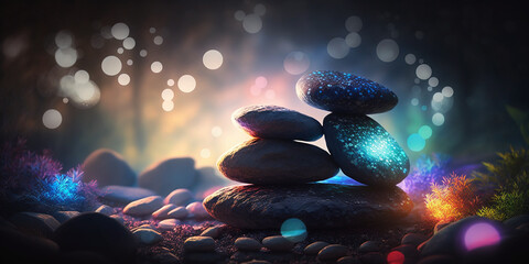 Wall Mural - Abstract beautiful black glowing healing stones in beautiful nature scene, colorful blur background, bokeh, peaceful and calm.