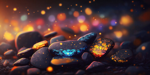 Wall Mural - Abstract beautiful black glowing healing stones in beautiful nature scene, colorful blur background, bokeh, peaceful and calm.