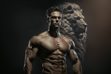 Wall Mural - A strong bodybuilder man standing in front of a lion's face, Generative AI