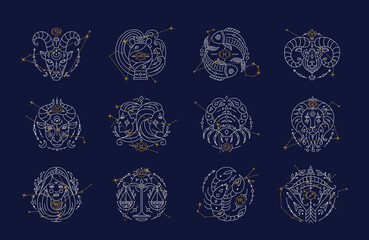 set of twelve constellations with zodiac symbols and constellations on blue background. astrology ho
