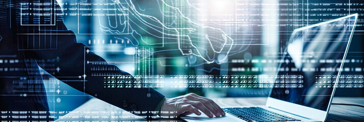 Data science, Business and Artificial Intelligence AI, Digital Technology. Software engineer working on digital tablet with computer code and big data, software development. Generative AI
