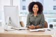© Sharne T/peopleimages.com - Happy, smile and computer with portrait of black woman in office for proposal, business and corporate project. Technology, internet and professional with employee for email, report and research