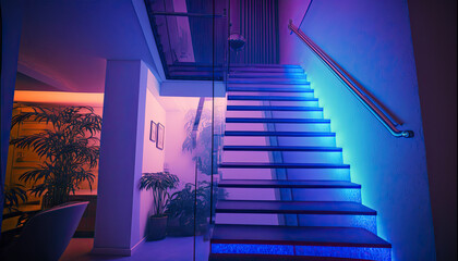 Wall Mural - A moder home interior, staircase to the upper floor illuminated by led strips - Generative AI