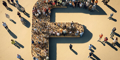 Large and diverse group of people seen from above gathered in the shape of a 