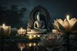 Buddha purnima Vesak day background, Buddha statue with Lotus flower and Candle light side on river. Generative ai
