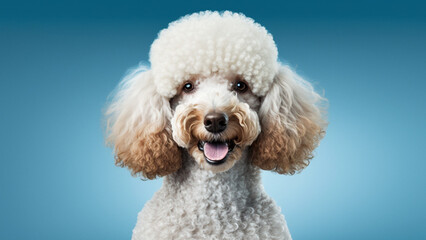 Wall Mural - Portrait adorable cute white poodle puppy dog isolated on blue background. Generative AI