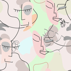 Wall Mural - One line drawing. Abstract face seamless pattern.