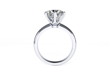 Diamond solitaire engagement ring with a round brilliant cut stone on white background. 3d rendering